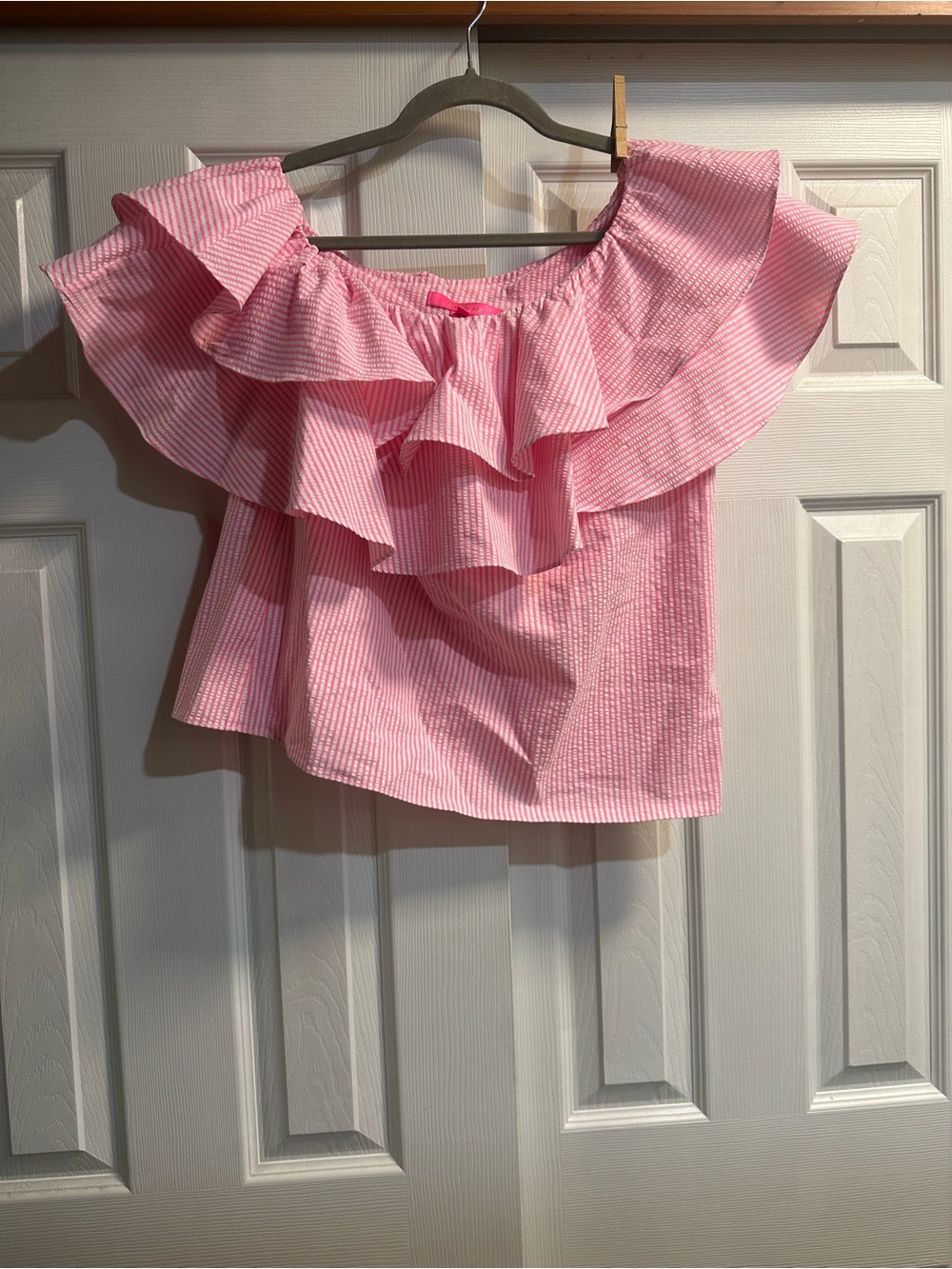 Lilly Pulitzer Pink Striped Off-Shoulder Ruffle Crop Top